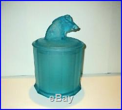 Exceptional Antique BLUE ART GLASS TOBACCO CIGAR BOX JAR With Pig BOAR HANDLE