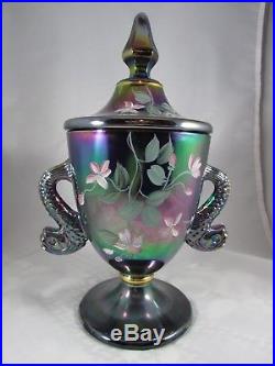 FENTON Black Carnival Hand Painted DOLPHIN HANDLE 9 Covered Candy Box Jar