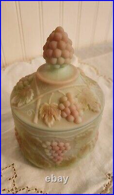 Fenton Burmese Lotus Mist Grape & Cable Dresser Candy Biscuit Jar Dish With Lid