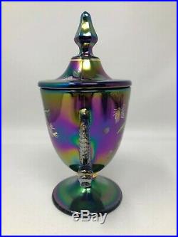 Fenton Carnival Dolphin Handle Covered Jar Hand Painted Flowers