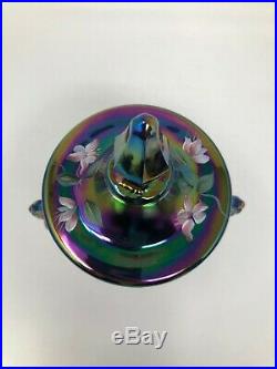 Fenton Carnival Dolphin Handle Covered Jar Hand Painted Flowers