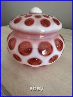 Fenton Cranberry Opalescent Glass Dot Candy Dish Jar 1947-51