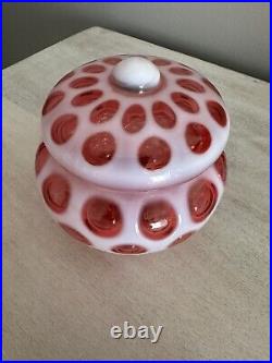 Fenton Cranberry Opalescent Glass Dot Candy Dish Jar 1947-51