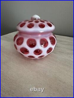 Fenton Cranberry Opalescent Glass Dot Candy Dish Jar 1947-51