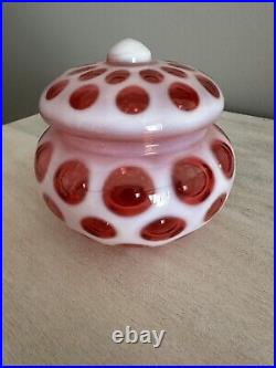 Fenton Cranberry Opalescent Glass Dot Candy Dish Jar 1947-51