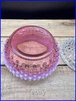 Fenton Cranberry Opalescent Hobnail Covered Powder Jar