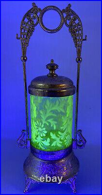 Fenton Daisy And Fern Pickle Castor Jar With Tongs Vaseline Uranium Glass Yellow