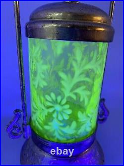 Fenton Daisy And Fern Pickle Castor Jar With Tongs Vaseline Uranium Glass Yellow