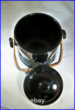 Fenton Glass #1681 Ebony Black Big Cookies Macaroon Jar Original Wicker Handle
