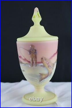 Fenton Glass Burmese Footed Candy Jar-Fly Fisherman Brown Trout Fathers Day