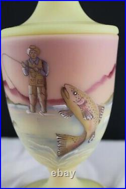 Fenton Glass Burmese Footed Candy Jar-Fly Fisherman Brown Trout Fathers Day