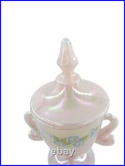 Fenton Iridescent Pink Glass Covered Candy Dish Dolphins Hand Painted Signed