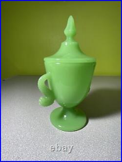 Fenton Jade Green Dolphin Handle Candy Jar & Lid #1532 Vintage Glass c. 1927