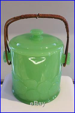 Fenton Jadeite Depression Glass Ice Bucket Macaroon Cookie Jar Wicker Handle