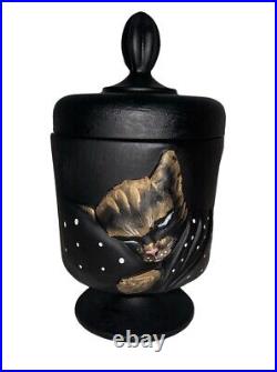 Fenton Ltd Ed 2008 PNWFA Black Satin Chessie Cat Jar Family Signed / Artist Sign
