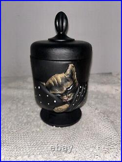 Fenton Ltd Ed 2008 PNWFA Black Satin Chessie Cat Jar Family Signed / Artist Sign