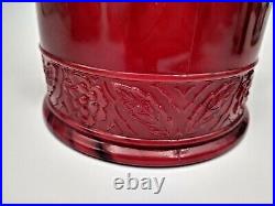 Fenton Mandarin Red Flower Band Macaron Jar with Lid and Wicker Handle
