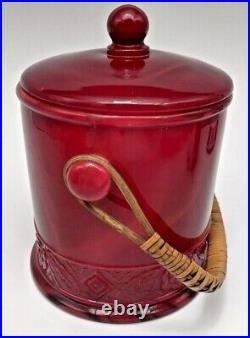 Fenton Mandarin Red Flower Band Macaron Jar with Lid and Wicker Handle