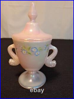 Fenton Opalescent Pink Glass Covered Candy Dish Dolphins Hand Painted Signed
