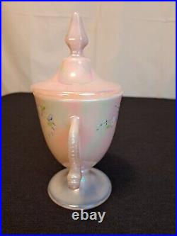 Fenton Opalescent Pink Glass Covered Candy Dish Dolphins Hand Painted Signed