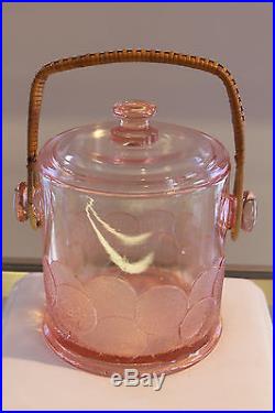 Fenton Pink Depression Glass Ice Bucket Macaroon Cookie Jar Lid Wicker Handle