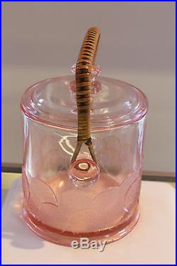 Fenton Pink Depression Glass Ice Bucket Macaroon Cookie Jar Lid Wicker Handle