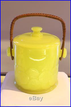 Fenton Yellow Depression Glass Ice Bucket Macaroon Cookie Jar Lid Wicker Handle