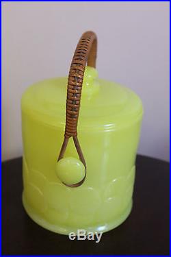 Fenton Yellow Depression Glass Ice Bucket Macaroon Cookie Jar Lid Wicker Handle