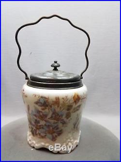 Fine OLD Antique Round 11.5 WAVECREST Floral BISCUIT CRACKER JAR w Lid & Handle