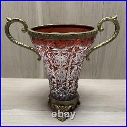 Fine Red Cut to Clear Bohemian Glass Vase with Bronze Handles & Footed Base