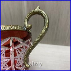 Fine Red Cut to Clear Bohemian Glass Vase with Bronze Handles & Footed Base