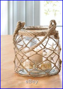 Fish Net Wrapped Clear Glass Candle Jar with Rope Handle Set of 2 NIB Nautical