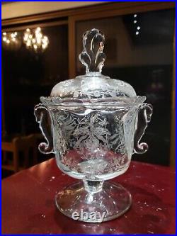 Footed Candy Jar with Lid Glass 8-1/2, Signed Heisey ORCHID etch Seahorse Handles