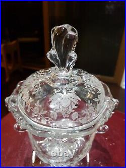 Footed Candy Jar with Lid Glass 8-1/2, Signed Heisey ORCHID etch Seahorse Handles