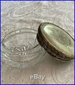 Footed Vanity Dresser Tray Lace Floral Doily Glass Brass Handles & Dresser Jar
