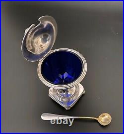 French Antique C. C. Christofle Mustard Jar, Spoon and Blue Glass Insert 1890's