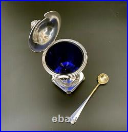 French Antique C. C. Christofle Mustard Jar, Spoon and Blue Glass Insert 1890's