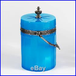 French Blue Opaline Glass Box Biscuit Jar Silver Ormolu Mounts flexible handle