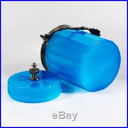 French Blue Opaline Glass Box Biscuit Jar Silver Ormolu Mounts flexible handle