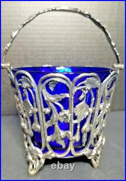 French Potpourri Vase, Blue Glass and Silverplate Base and Handle