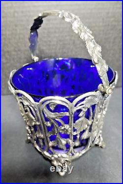 French Potpourri Vase, Blue Glass and Silverplate Base and Handle