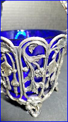 French Potpourri Vase, Blue Glass and Silverplate Base and Handle