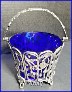 French Potpourri Vase, Blue Glass and Silverplate Base and Handle