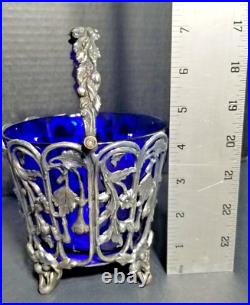 French Potpourri Vase, Blue Glass and Silverplate Base and Handle