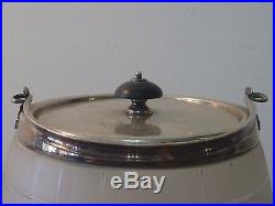 Frosted Glass Biscuit Barrel/Ice bucket w Mappin & Webb handle, lid & base ring