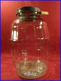 GIANT VINTAGE GLASS BEER KEG BARREL SHAPE PICKLE JAR With WOOD BAIL HANDLE & LID