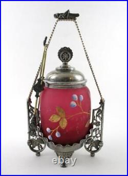 GRASSHOPPER Antique PICKLE CASTOR Cranberry Enamel Jar Wm. ROGERS #455