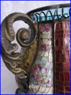 Glass Art Jar, Large Metal Frame, Mosaic Ribbed Center, Ornate Handles, HEJ