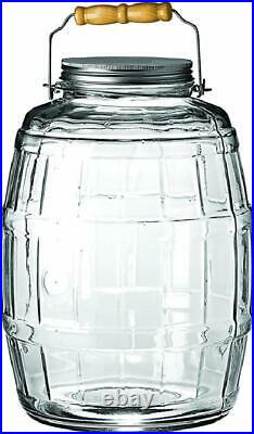 Glass Barrel Jar Brushed Aluminum Lid Clear Pickle Canister Large Handle 2.5 Gal