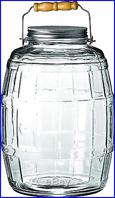Glass Barrel Jar WithLid Vintage Pickle Canister Large Handle Clear